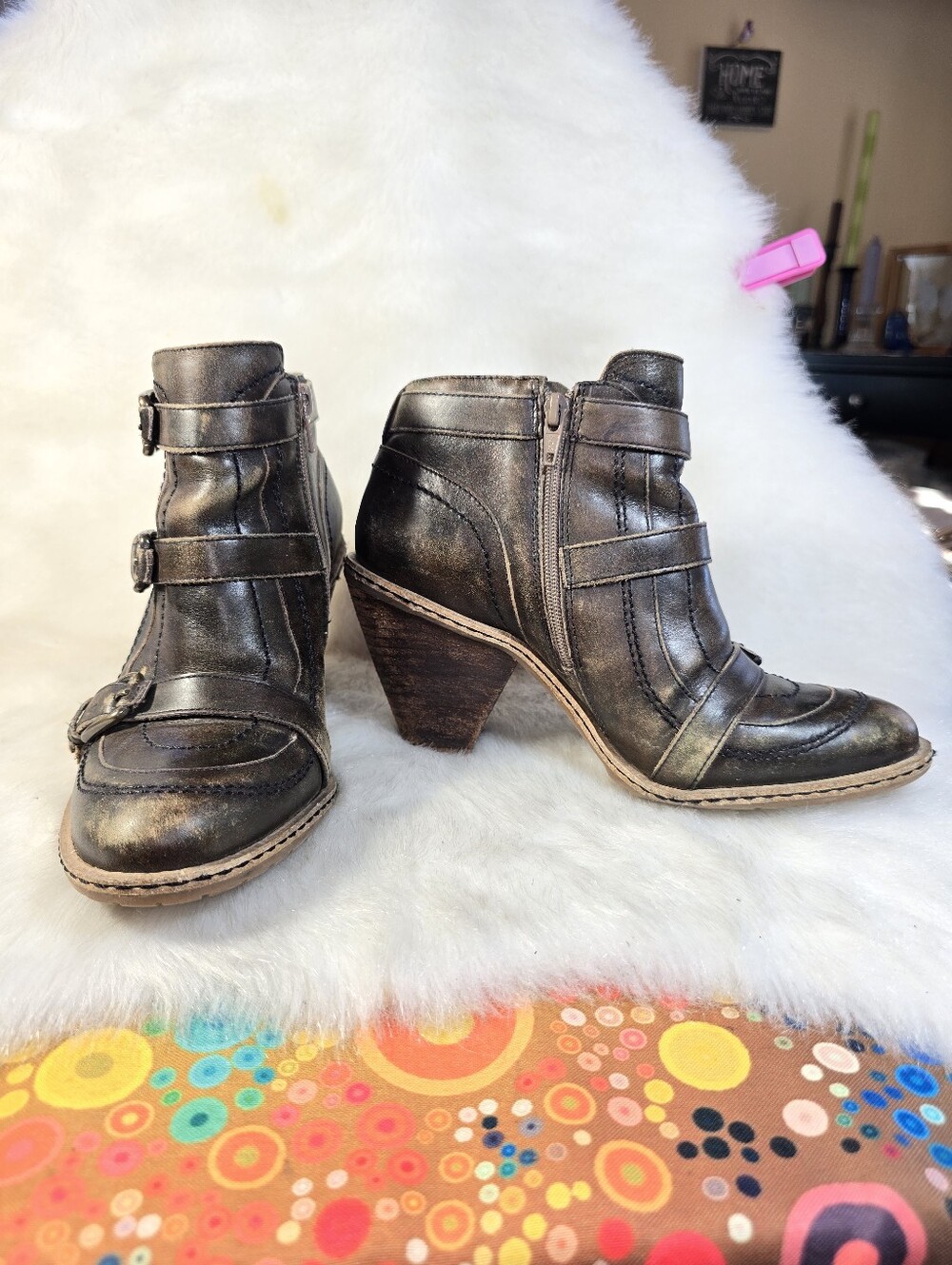Schuler & Sons Side Zip Triple Buckle Heel Distressed Ankle Boot - Picture 5 of 16